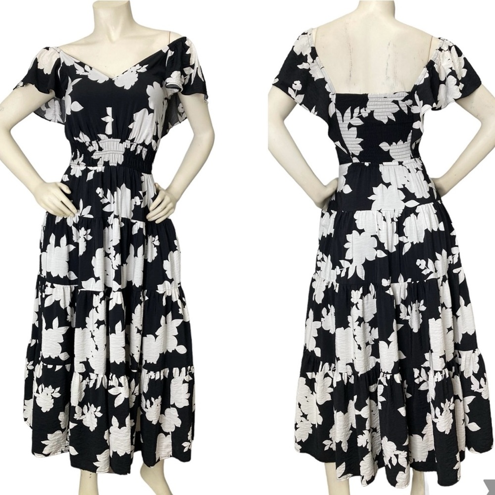 RACHEL ZOE Black & White Floral Flutter Sleeve Tiered Ruffle Maxi Dress, XS